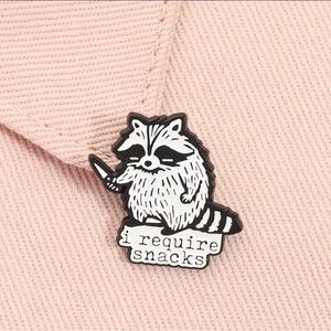 Raccoon 'I Require Snacks' Enamel Pin - Pink